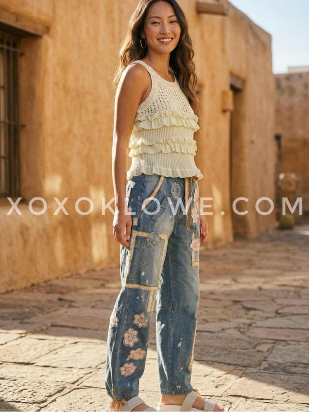 Oli & Hali Patchwork Floral Convertible Jogger Jeans | Straight Leg Denim Pants - Picture 9 of 9